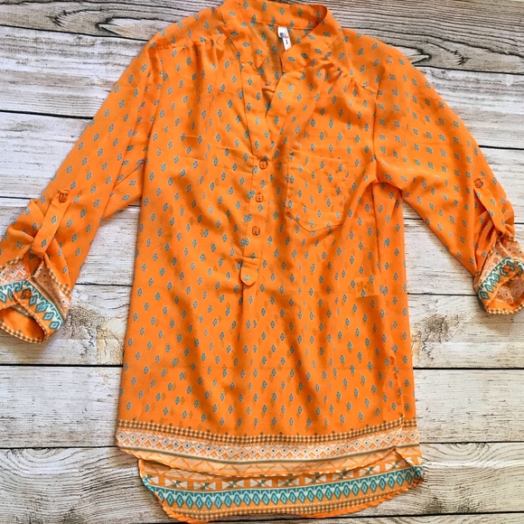 Tops - Orange and turquoise medium flowy top.